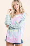 BiBi Tie Dye Terry Top with Wide Stripe Thermal Waffle - Trendsi - Flyclothing LLC
