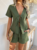 Devine Tied V-Neck Short Sleeve Top and Shorts Set - Trendsi - Flyclothing LLC