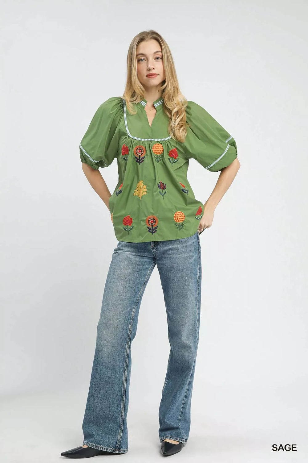 Umgee Embroidered Floral Puff Sleeve Top - Trendsi - Flyclothing LLC