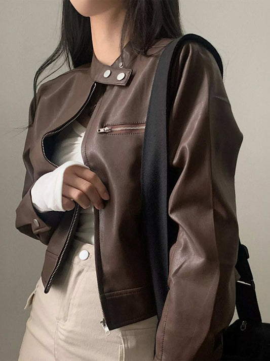 Cropped Zip Up Leather Jacket - Trendsi - Flyclothing LLC