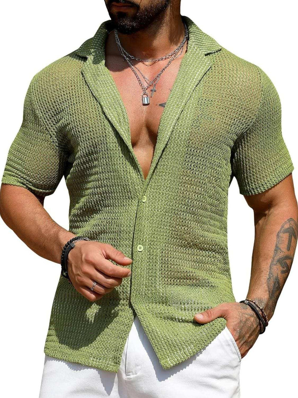 Men's Full Size Openwork Button Down Short Sleeve Shirt Plus Size - Trendsi - Flyclothing LLC