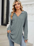 Slit Johnny Collar Long Sleeve T-Shirt - Trendsi - Flyclothing LLC
