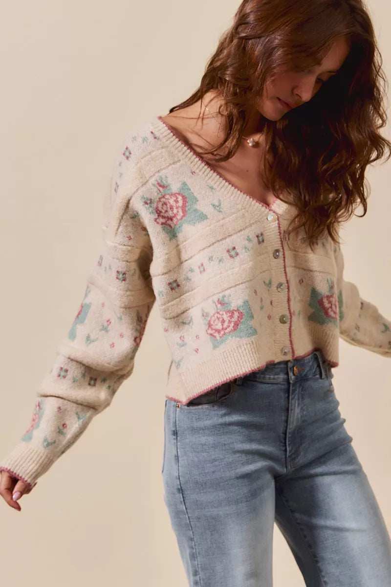 SO ME Floral Pattern Long Sleeve Button Sweater Cardigan - Trendsi - Flyclothing LLC