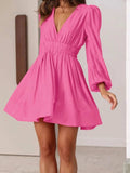Ruched V-Neck Balloon Sleeve Mini Dress - Trendsi - Flyclothing LLC