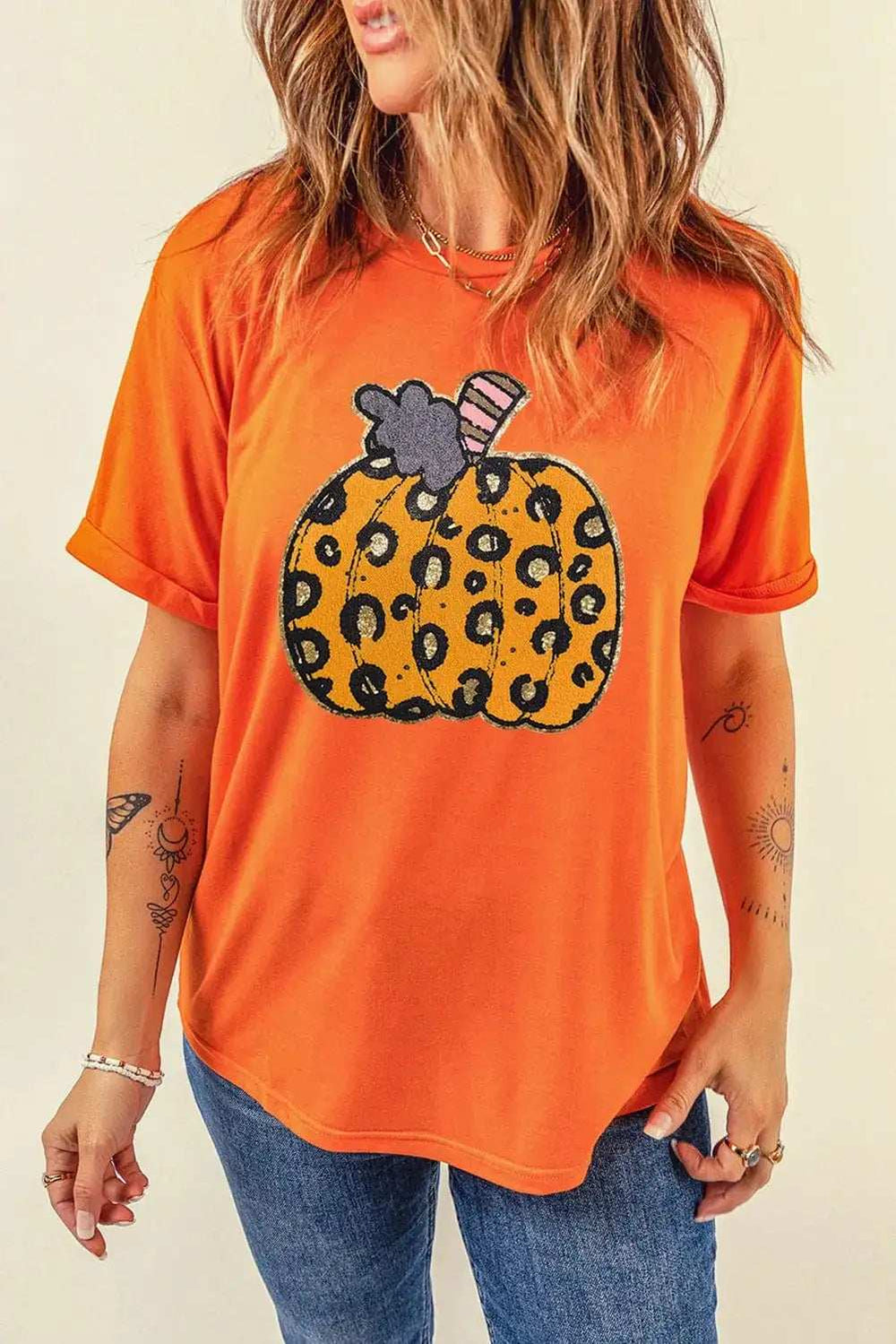 Pumpkin Round Neck Short Sleeve T-Shirt - Trendsi - Flyclothing LLC