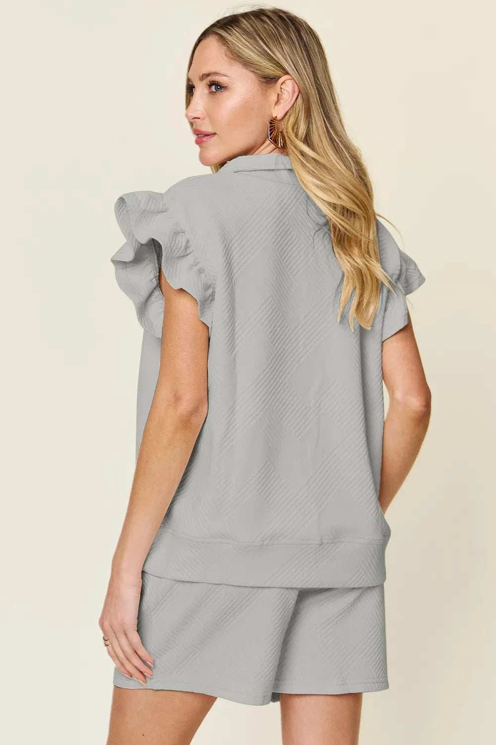 Double Take Full Size Texture Flounce Sleeve Top and Drawstring Shorts Set - Trendsi - Flyclothing LLC