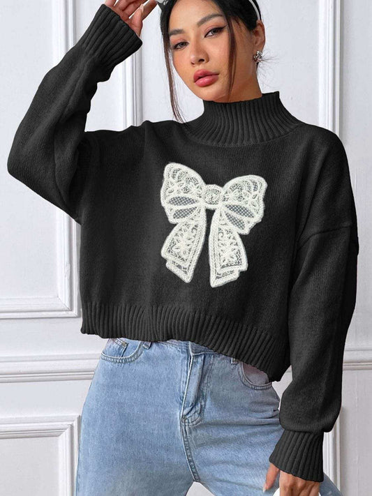 Bow Turtleneck Long Sleeve Sweater - Trendsi - Flyclothing LLC