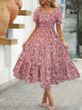 Floral Square Neck Short Sleeve Tiered Dress - Trendsi - Flyclothing LLC