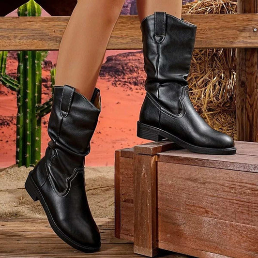 Round Toe Block Heels Boots - Trendsi - Flyclothing LLC