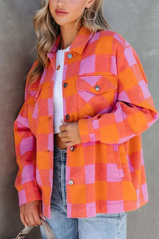 Plaid Collared Neck Button Up Jacket - Trendsi - Flyclothing LLC