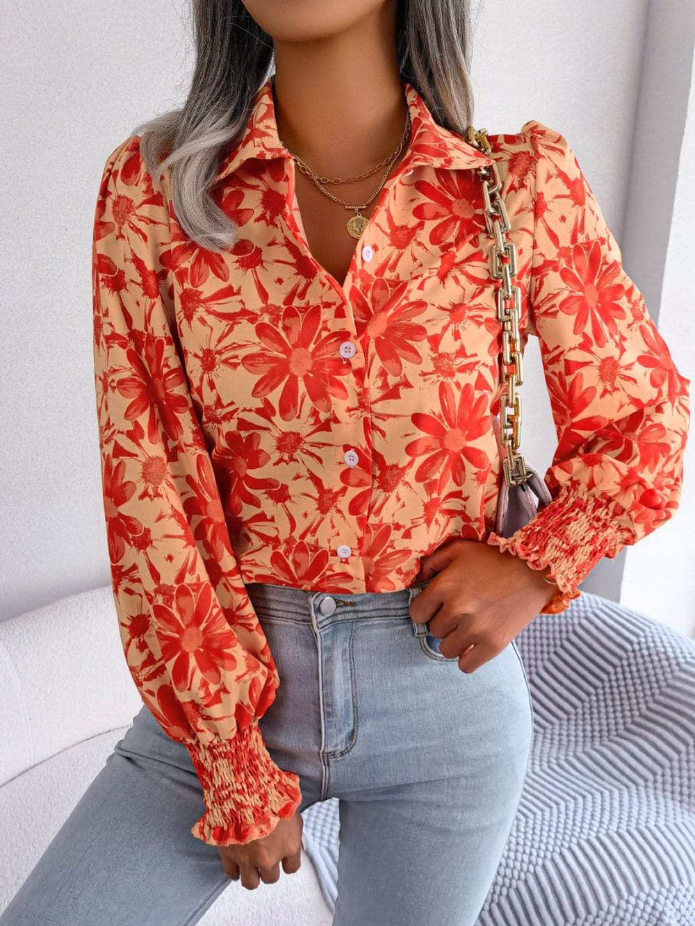 Floral Collared Neck Long Sleeve Shirt - Trendsi - Flyclothing LLC