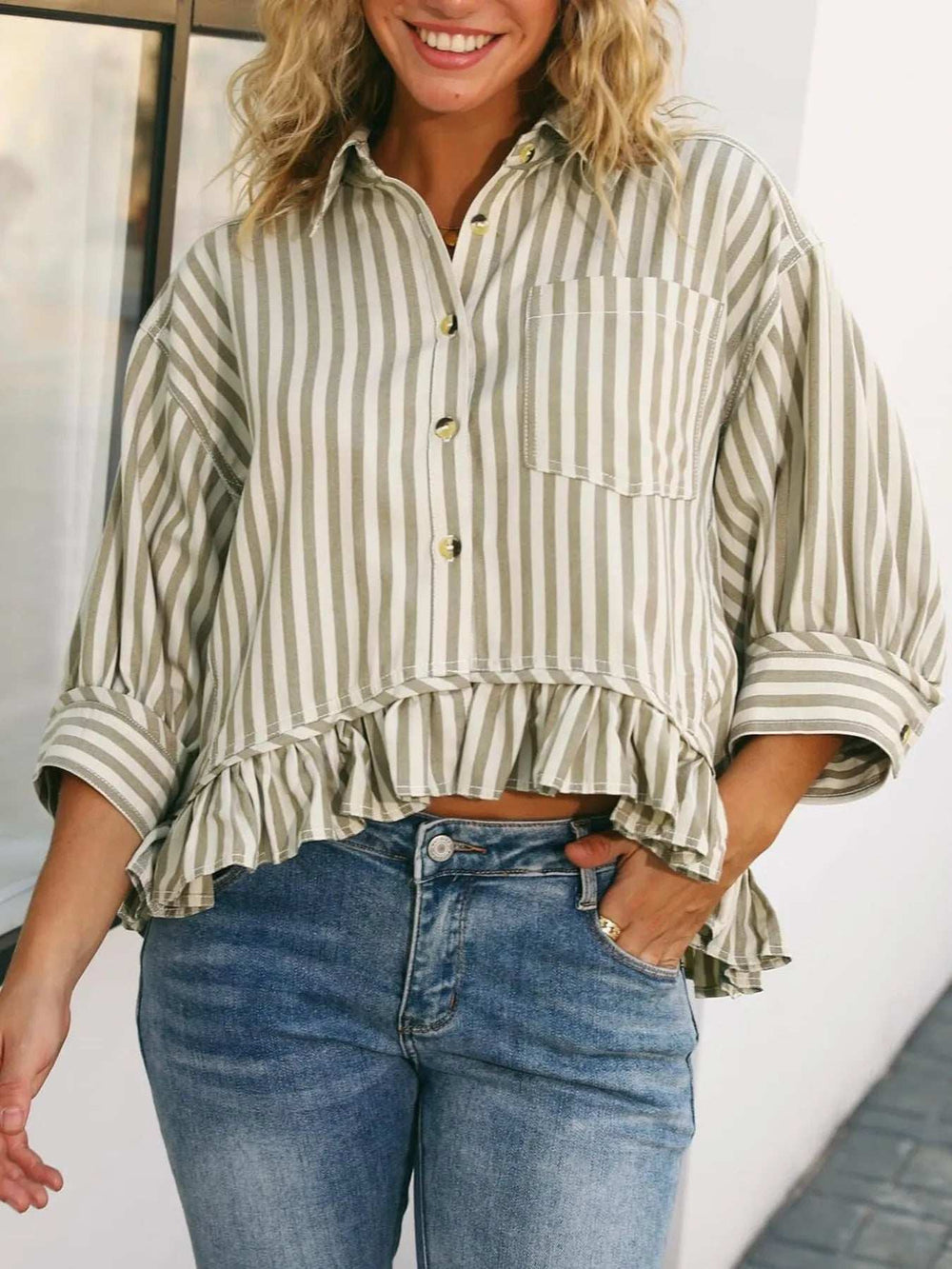 Striped Ruffle Hem Button-Up Shirt - Trendsi - Flyclothing LLC