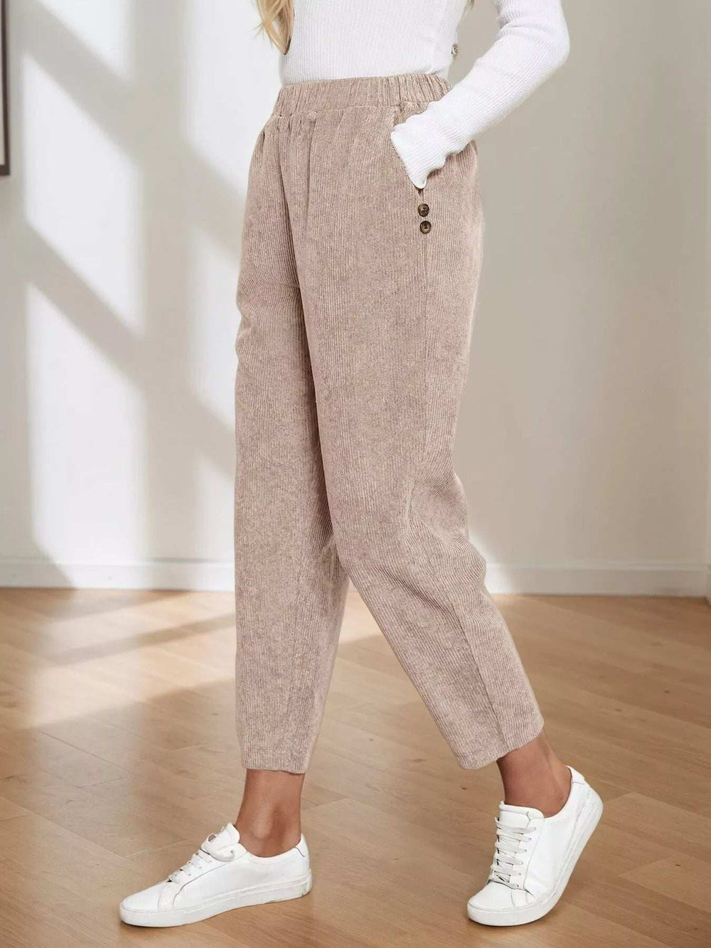 Corduroy Elastic Waist Cropped Pants - Trendsi - Flyclothing LLC