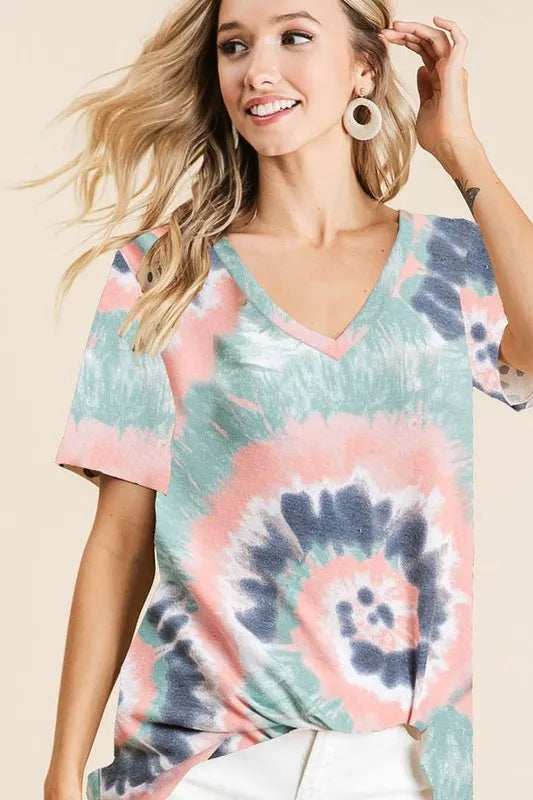 BiBi Tie Dye Print Terry V Neck Short Sleeve Top - Trendsi - Flyclothing LLC