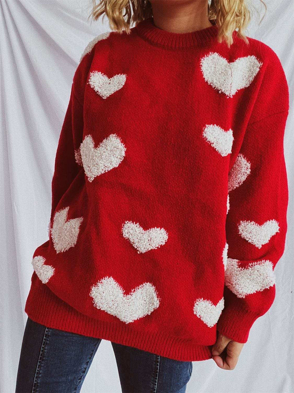 Heart Round Neck Dropped Shoulder Sweater - Trendsi - Flyclothing LLC