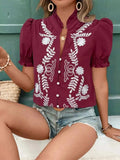 Embroidered Frill Notched Short Sleeve Blouse - Trendsi - Flyclothing LLC