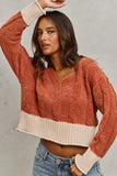 SO ME Chenille Cable Knit V Neck Contrast Cropped Sweater - Trendsi - Flyclothing LLC