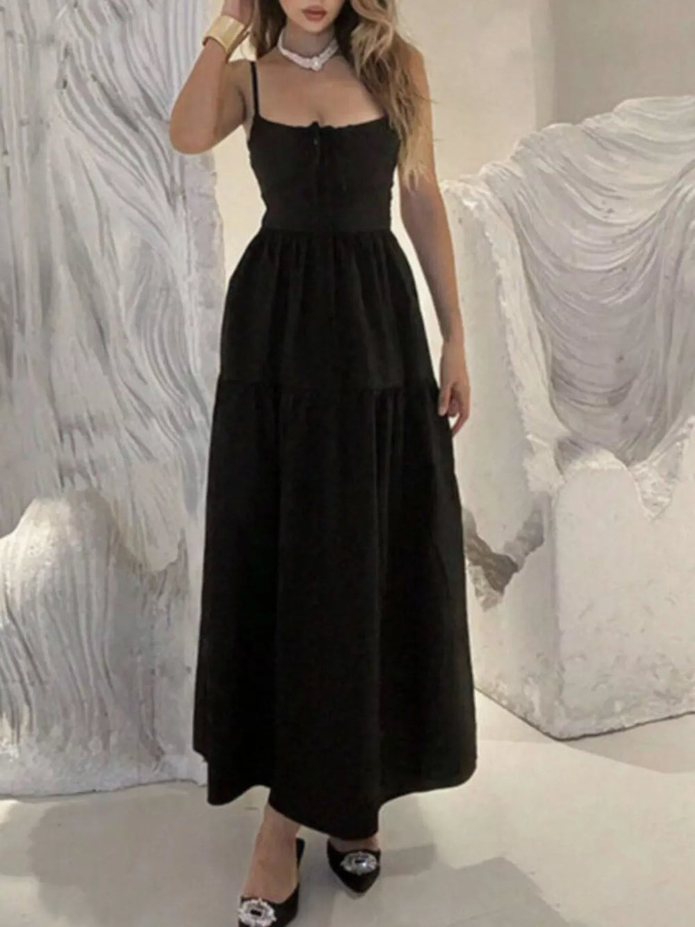 Lace Up Back Maxi Cami Dress - Trendsi - Flyclothing LLC