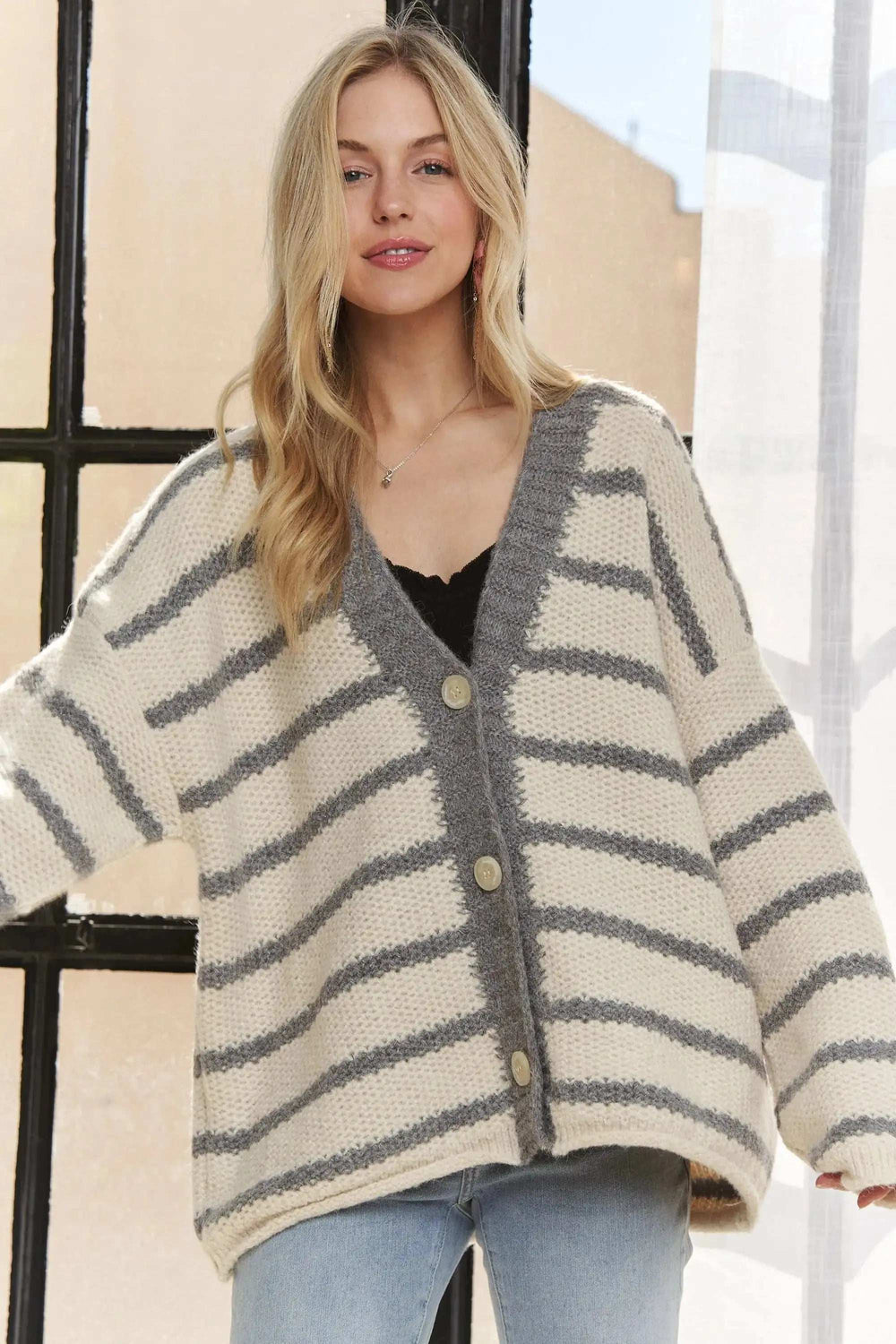 ADORA Horizontally Striped Button Up Cardigan - Trendsi - Flyclothing LLC
