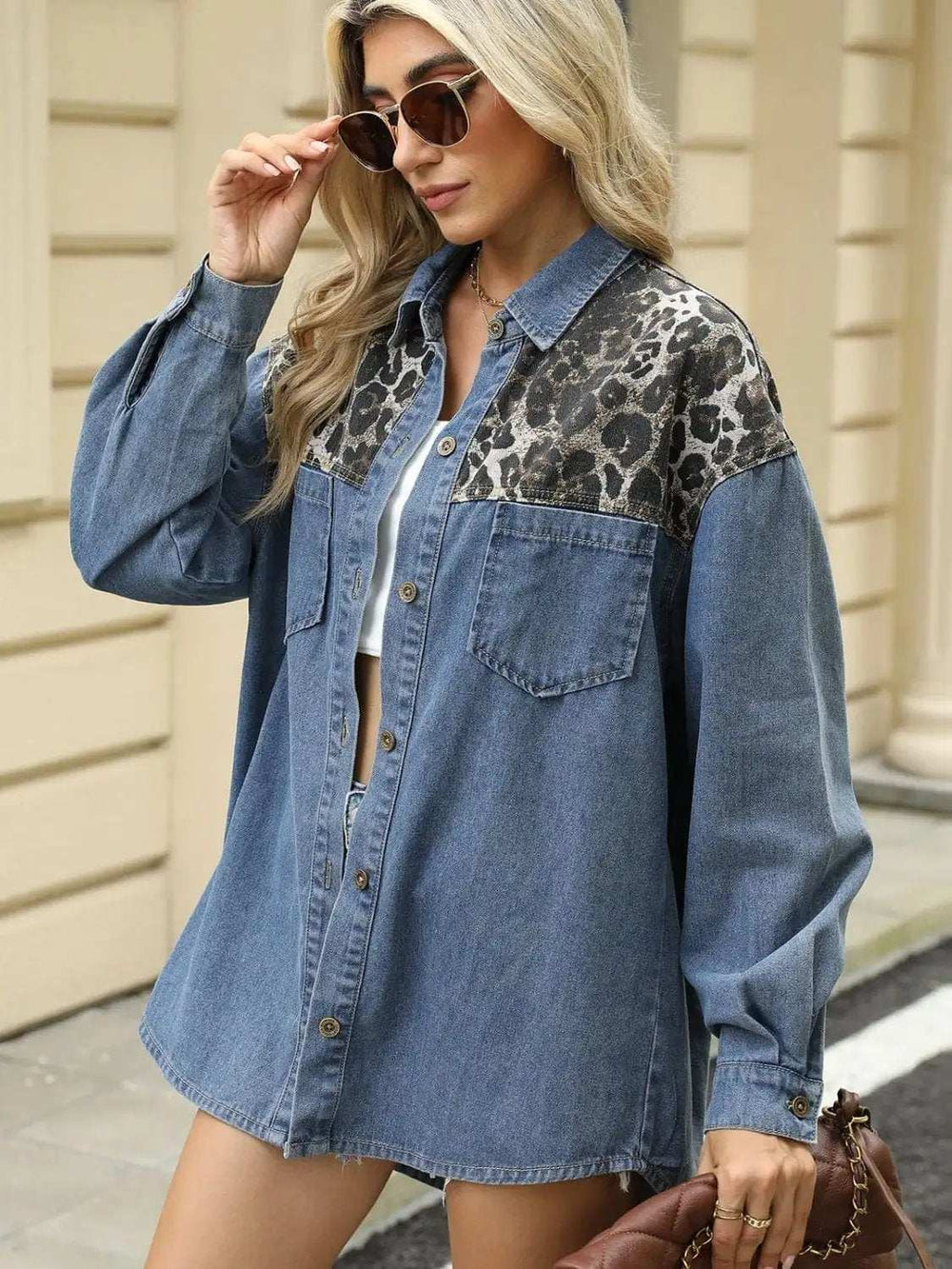Leopard Button Up Long Sleeve Denim Jacket - Trendsi - Flyclothing LLC