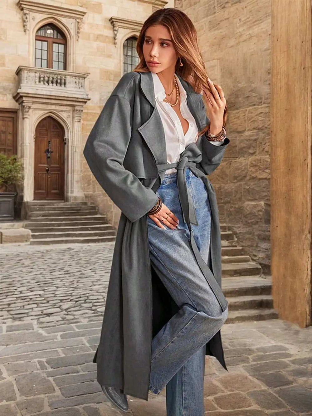 Tie Waist Long Sleeve Coat - Trendsi - Flyclothing LLC