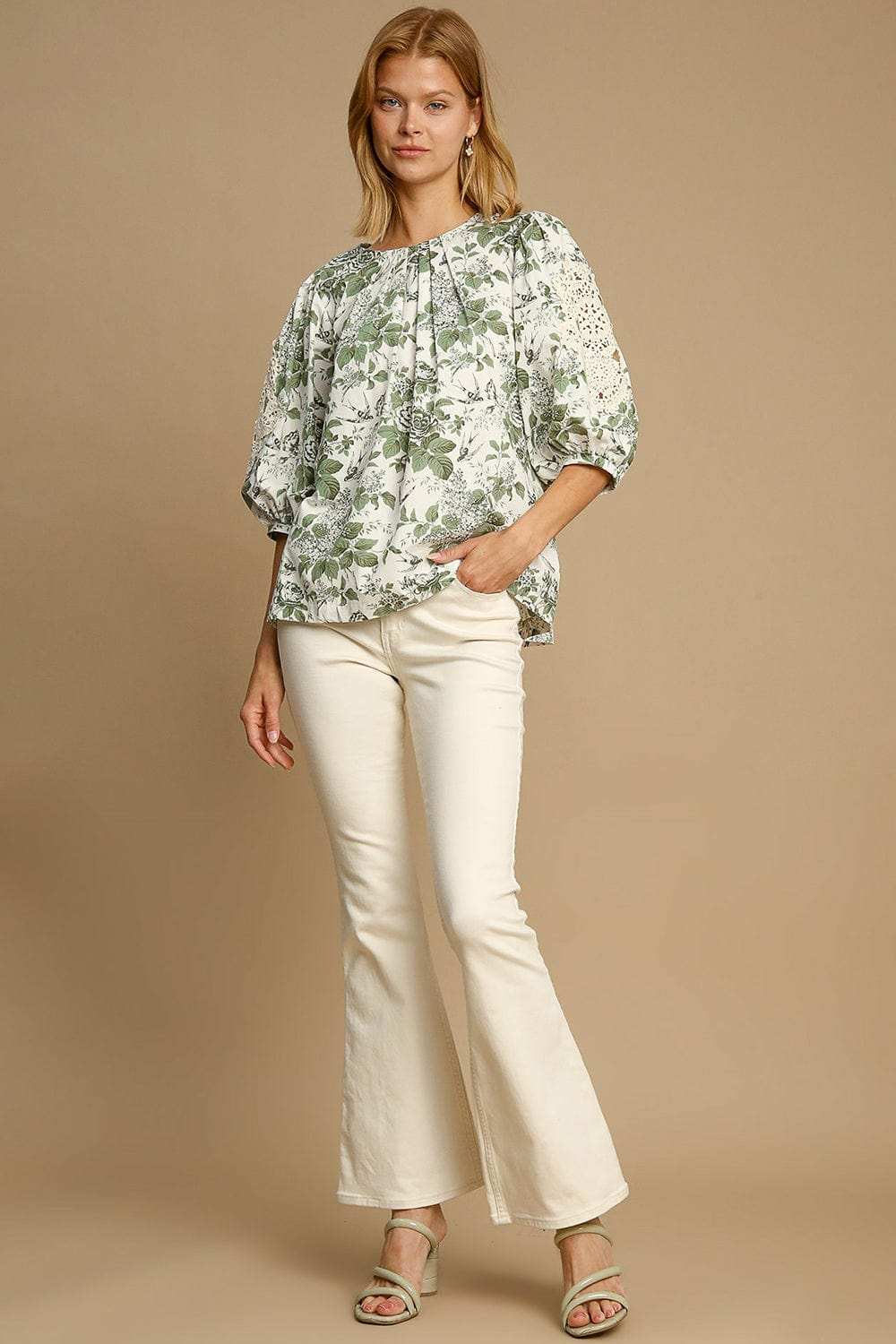 Umgee Floral Pleated Detail Lace Trim Sleeve Blouse - Trendsi - Flyclothing LLC