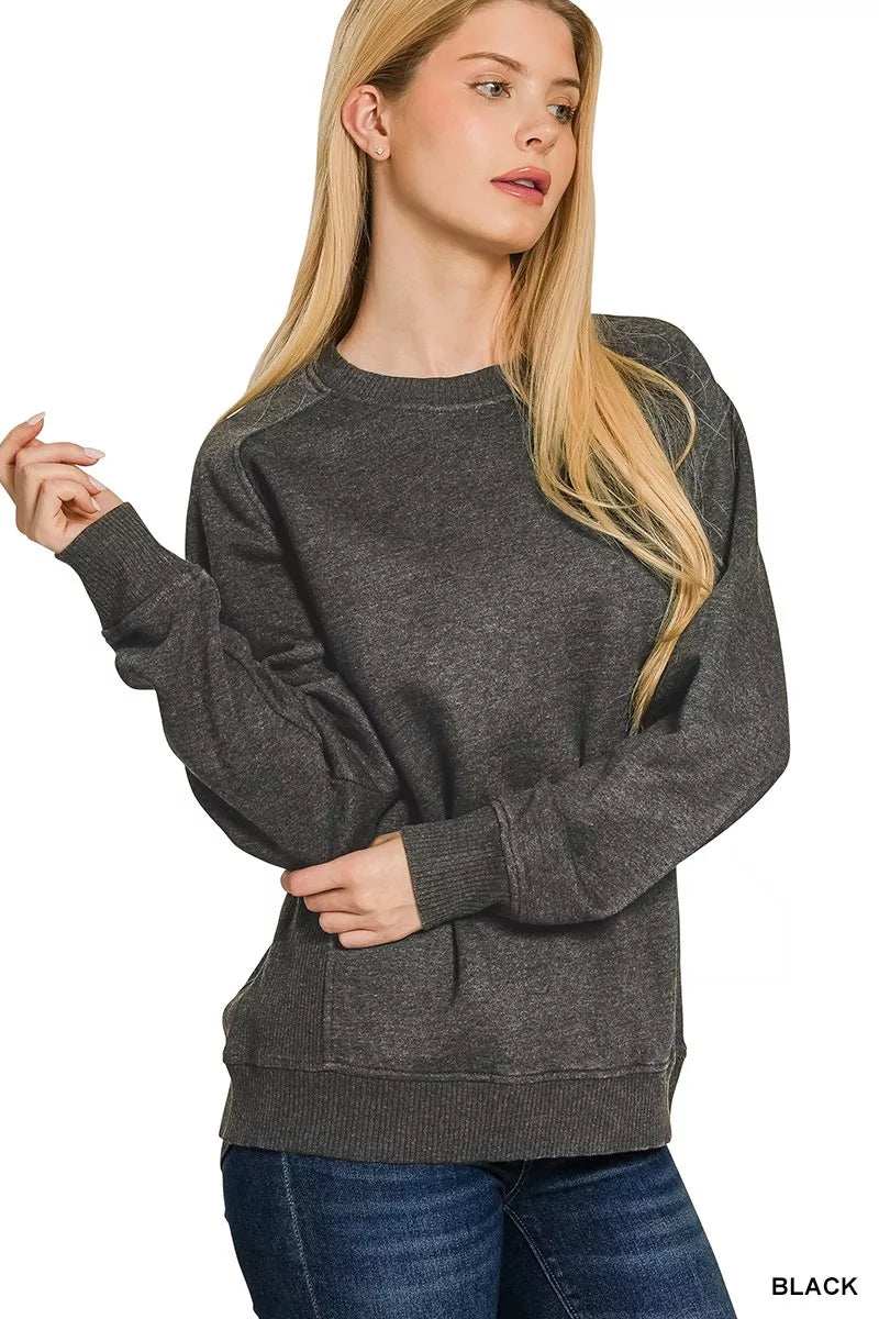 Zenana Acid Washed Fleece Sweatshirt with Side Rib - Trendsi - Flyclothing LLC