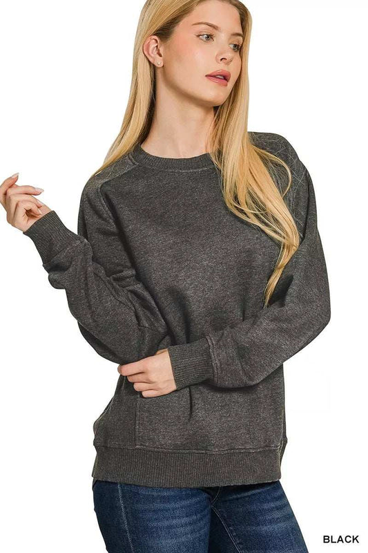 Zenana Acid Washed Fleece Sweatshirt with Side Rib - Trendsi - Flyclothing LLC