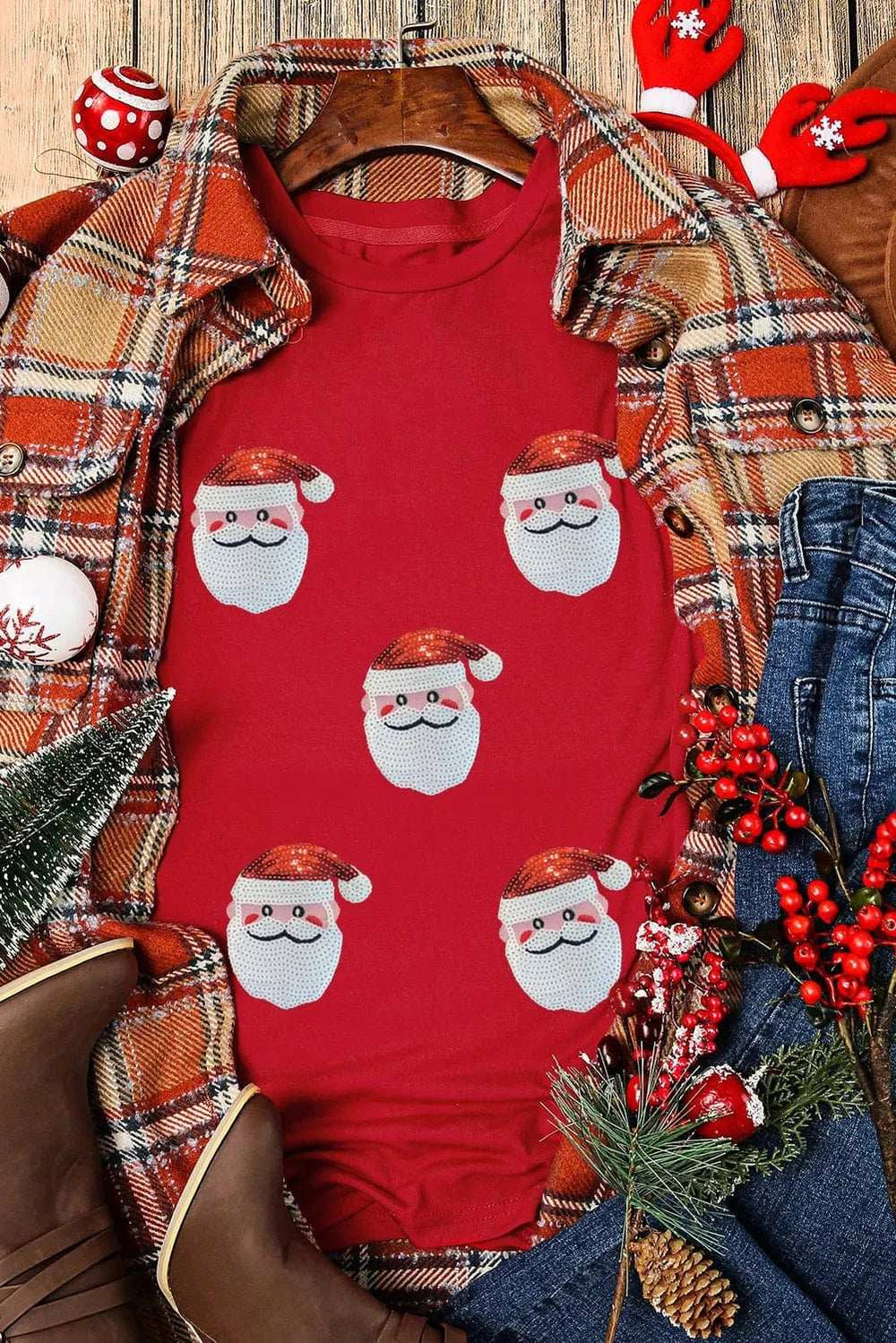 Sequin Santa Round Neck Short Sleeve T-Shirt - Trendsi - Flyclothing LLC