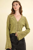 VERY J V-Neck Lace Detail Button Down Crop Ribbed Knit Top - Trendsi - Flyclothing LLC