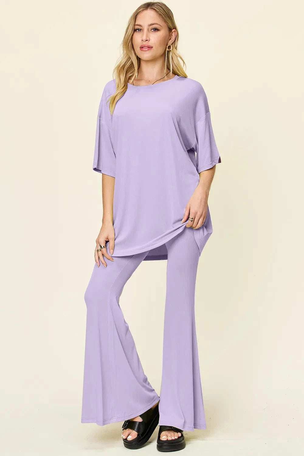 Double Take Full Size Round Neck Drop Shoulder T-Shirt and Flare Pants Set - Trendsi - Flyclothing LLC