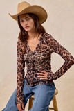 BiBi Leopard Printed Mesh Shirt With Button Up V Neck - Trendsi - Flyclothing LLC