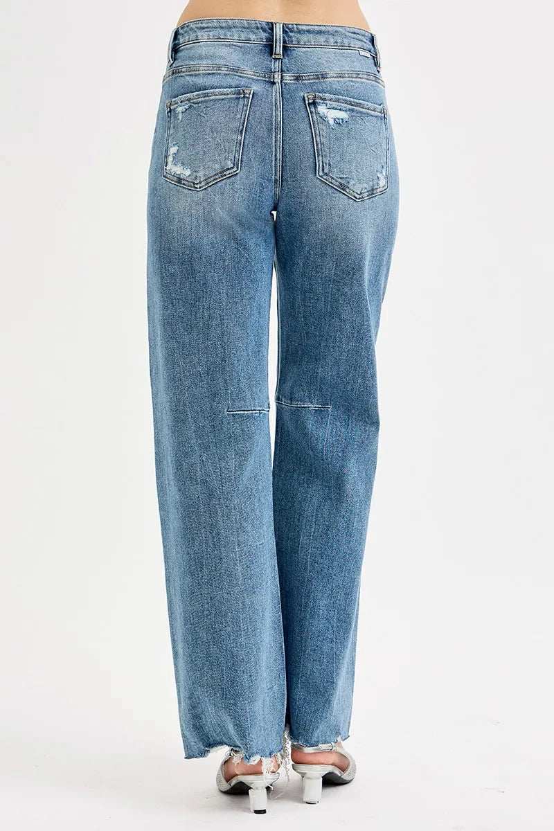 RISEN Full Size Mid Rise Fit Wide Baggy Leg Tie Washed Jeans Plus Size - Trendsi - Flyclothing LLC