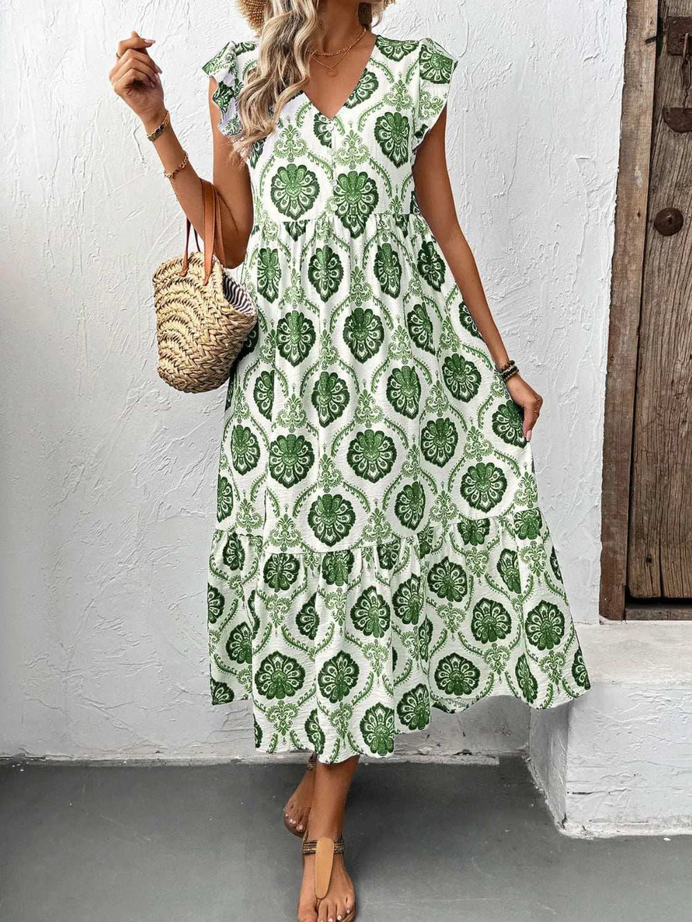 Ruffled Printed V-Neck Cap Sleeve Dress - Trendsi - Flyclothing LLC