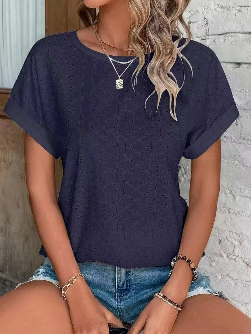 Eyelet Round Neck Short Sleeve Top - Trendsi - Flyclothing LLC