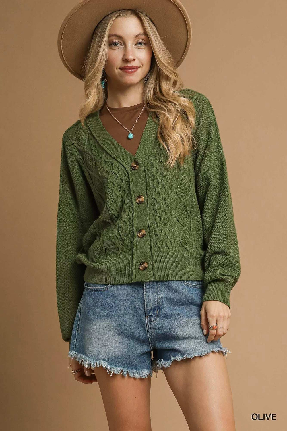 Umgee Chunky Cable Knit V-Neck Button-Up Cardigan - Trendsi - Flyclothing LLC