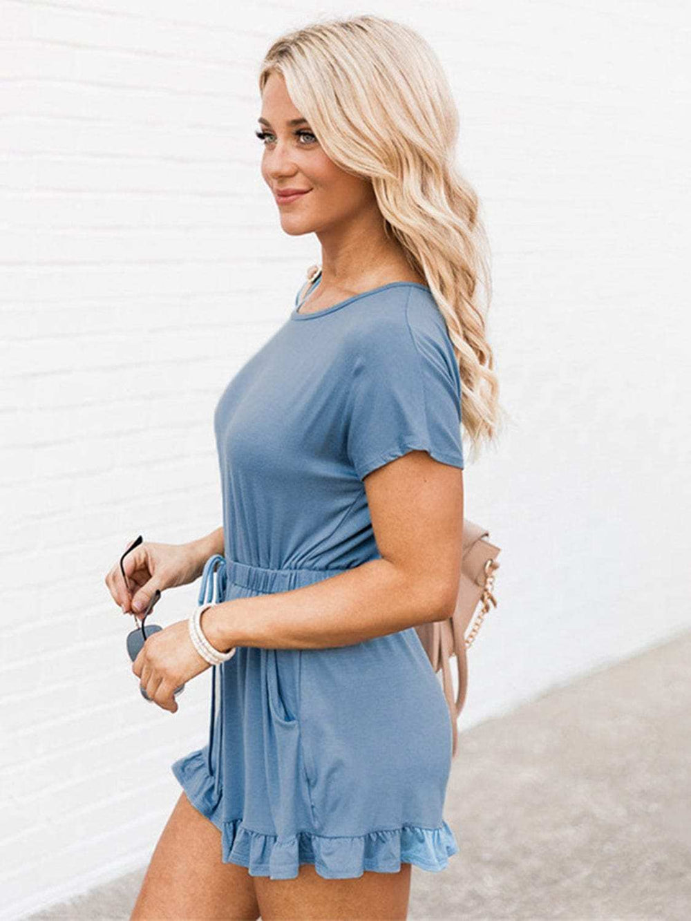 Ruffled Boat Neck Short Sleeve Romper - Trendsi - Flyclothing LLC