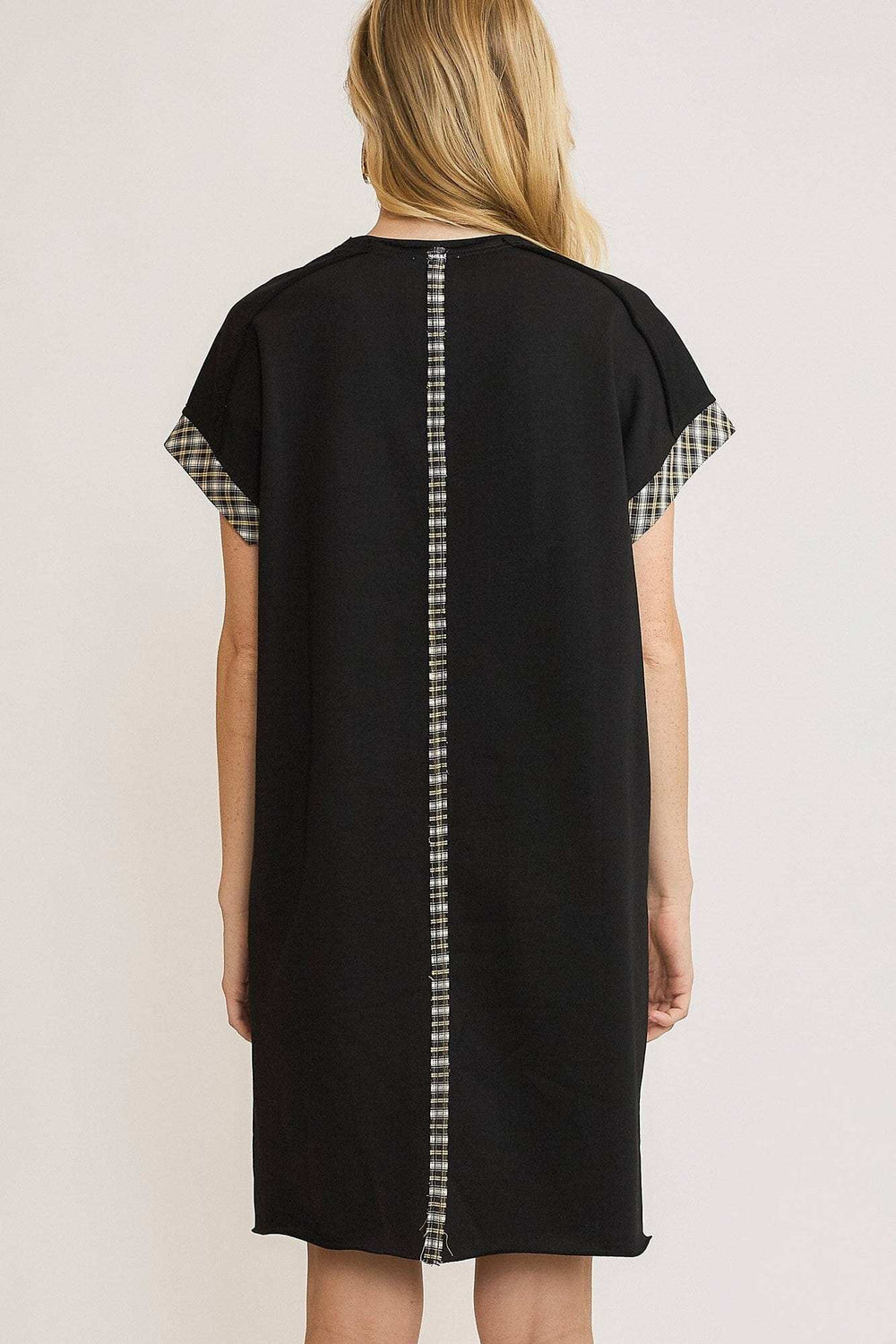 Umgee Peace Plaid Applique Short Sleeve Mini Dress - Trendsi - Flyclothing LLC