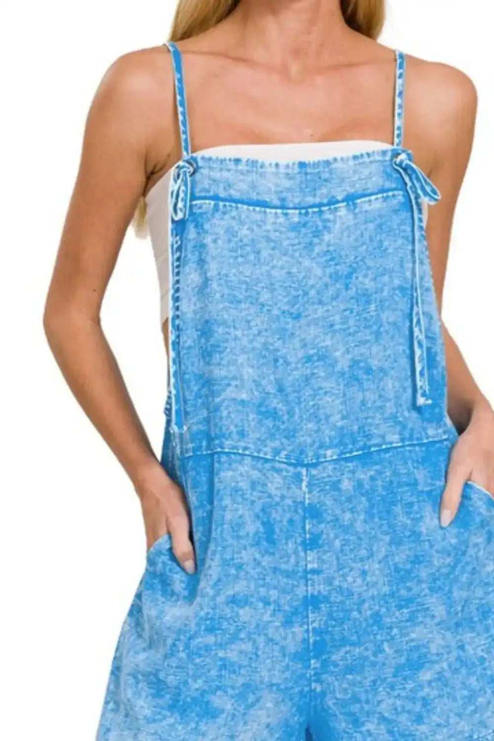 Zenana Washed Linen Knot Strap Rompers - Trendsi - Flyclothing LLC