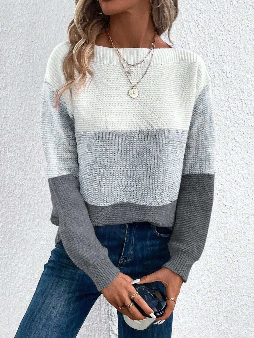 Color Block Boat Neck Sweater - Trendsi - Flyclothing LLC