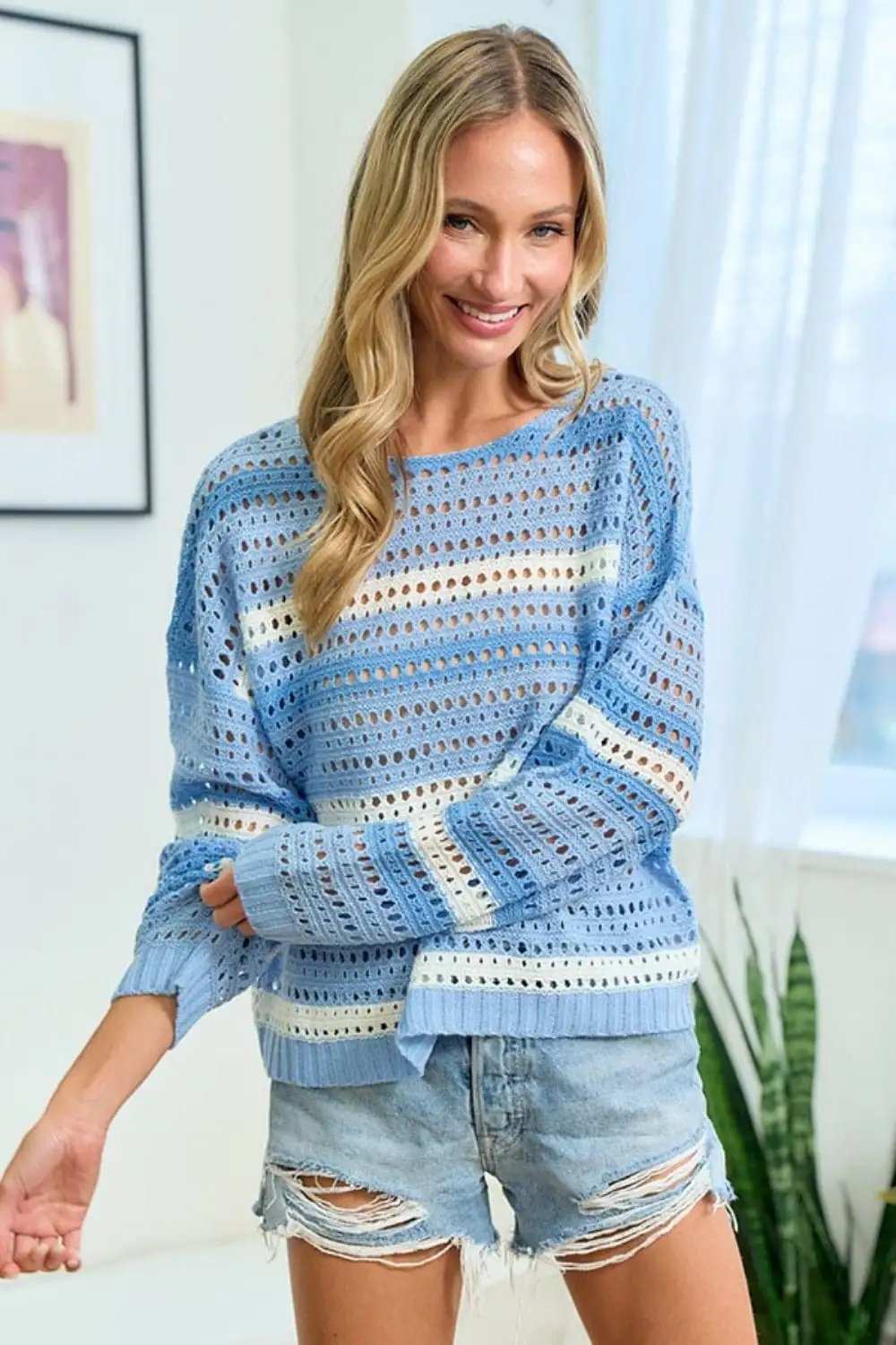 First Love Striped Long Sleeve Openwork Knit Top - Trendsi - Flyclothing LLC