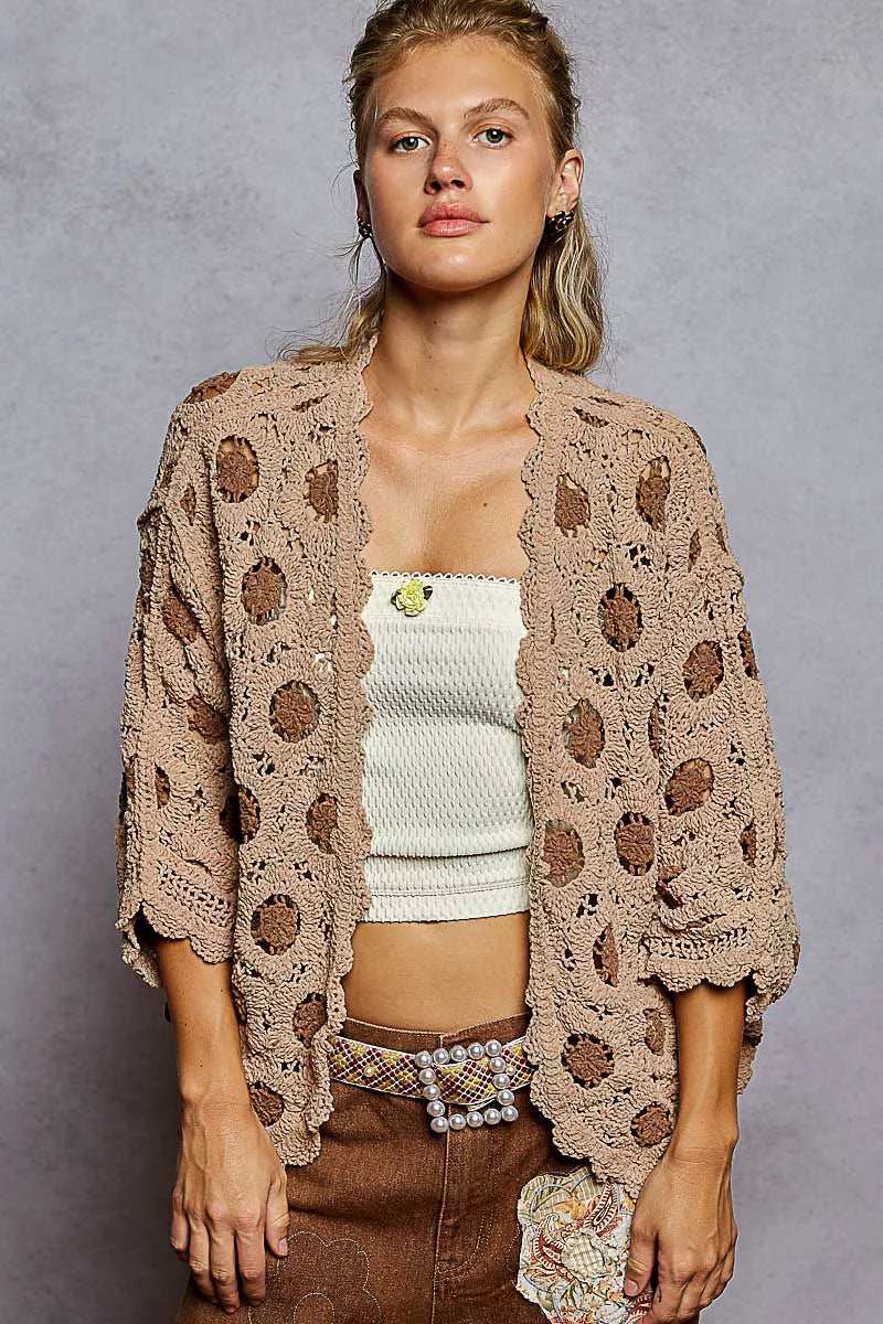 POL Openwork V-Neck Chenille Cardigan with Contrast Floral - Trendsi - Flyclothing LLC
