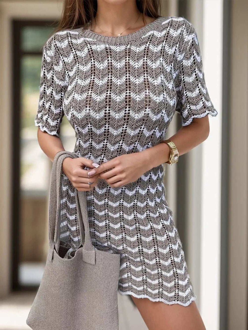 Chevron Round Neck Short Sleeve Knit Dress - Trendsi - Flyclothing LLC