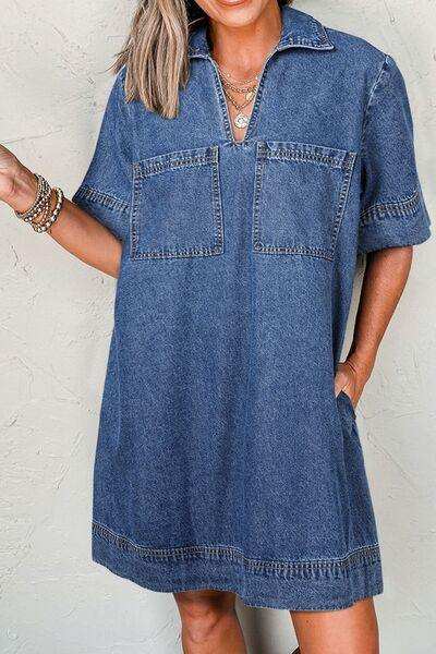 Short Sleeve Collared Patched Pocket Denim Mini Dress - Trendsi - Flyclothing LLC