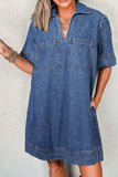 Short Sleeve Collared Patched Pocket Denim Mini Dress - Trendsi - Flyclothing LLC