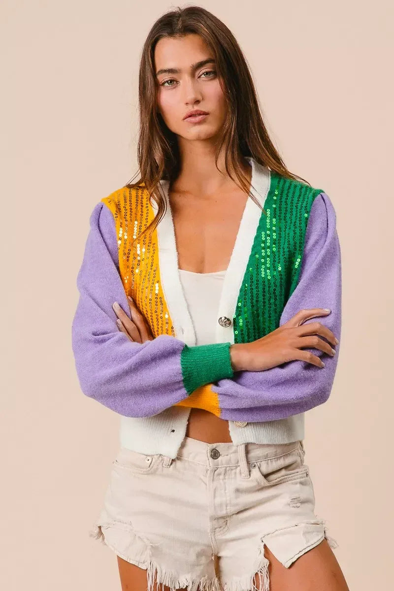 BiBi Mardi Gras Color Block Sequin Sweater Cardigan - Trendsi - Flyclothing LLC