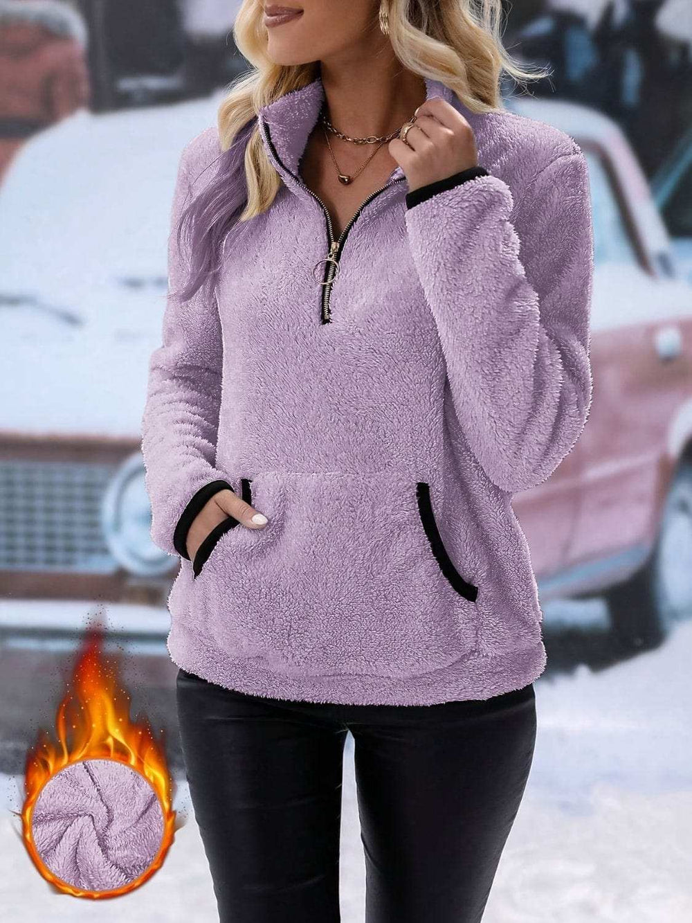 Half Zip Long Sleeve Furry Sweatshirt - Trendsi - Flyclothing LLC
