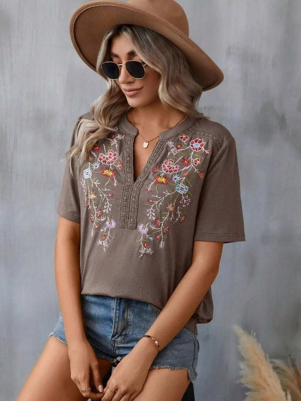 Embroidered Notched Short Sleeve T-Shirt - Trendsi - Flyclothing LLC
