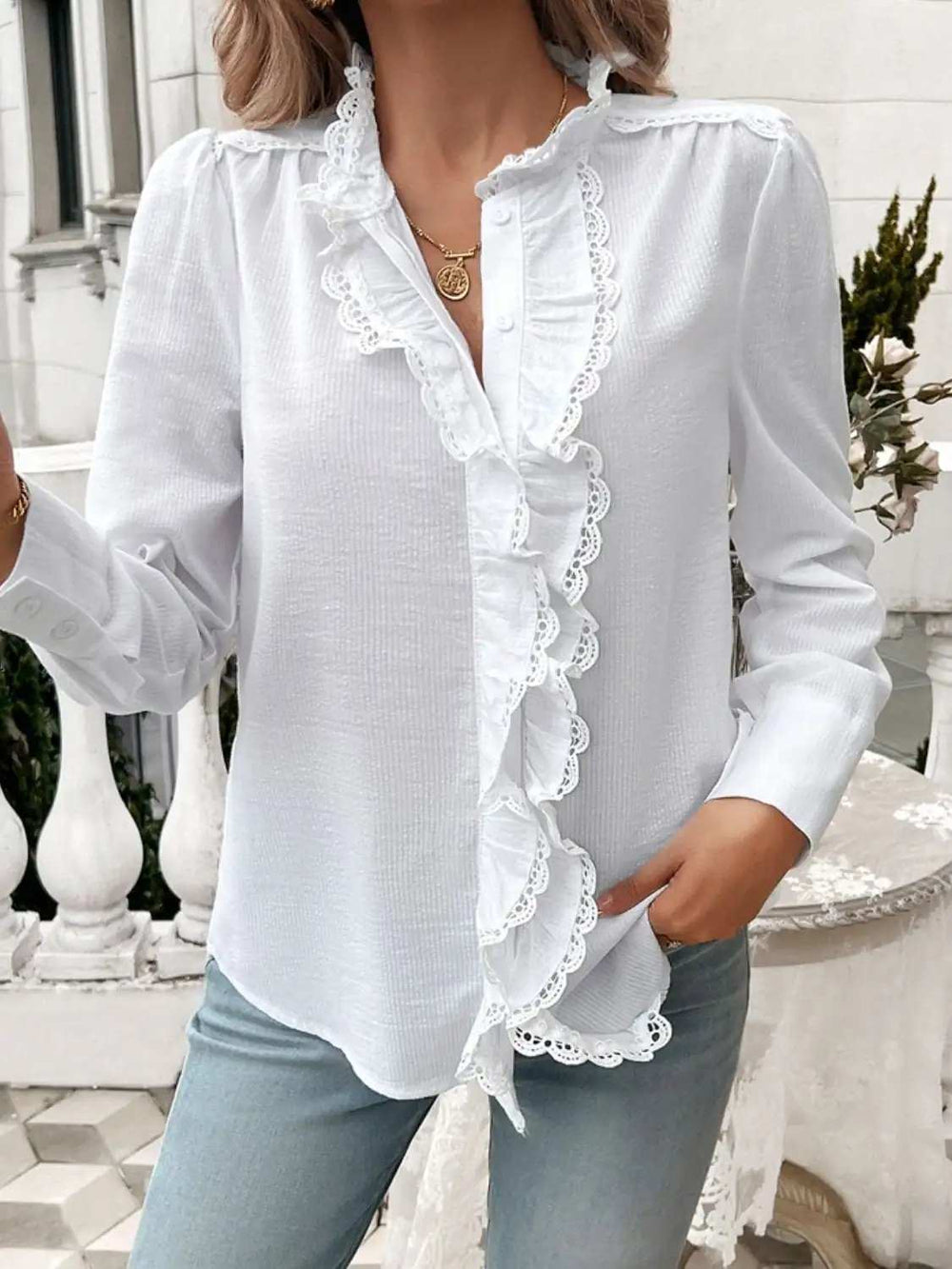 Lace Detail Ruffled Round Neck Long Sleeve Shirt - Trendsi - Flyclothing LLC