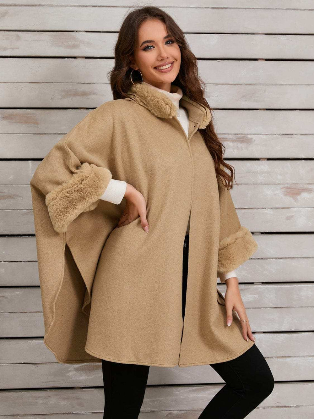 Fuzzy Trim Long Sleeve Poncho - Trendsi - Flyclothing LLC